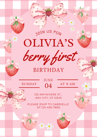 Pink and White Playful Strawberry 1st Birthday Invitation
