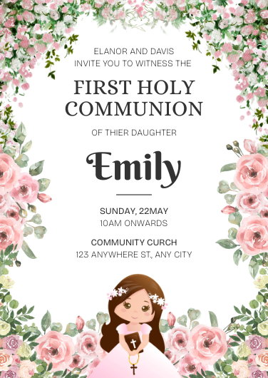 Pink and Green Watercolor Holy Communion Invitation