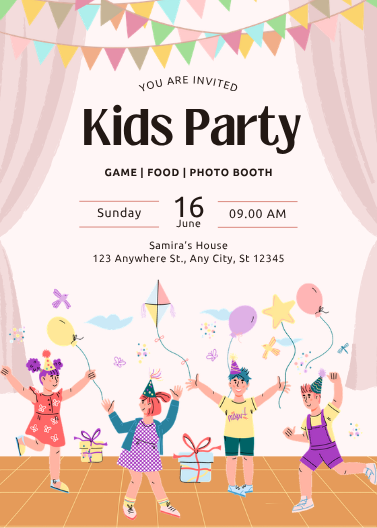 Peach Cute Illustrative Kids Party Invitation