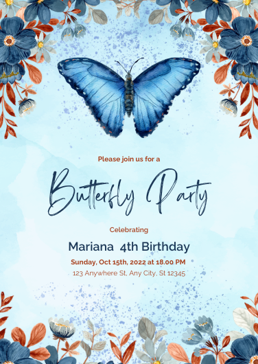 Beautiful Blue Butterfly Birthday Invitation Template