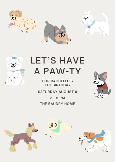 Gray & White Playful Kids Dog Birthday Invitation