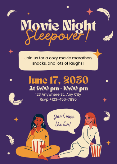 Purple & Orange Playful Movie Night Sleepover Invitation