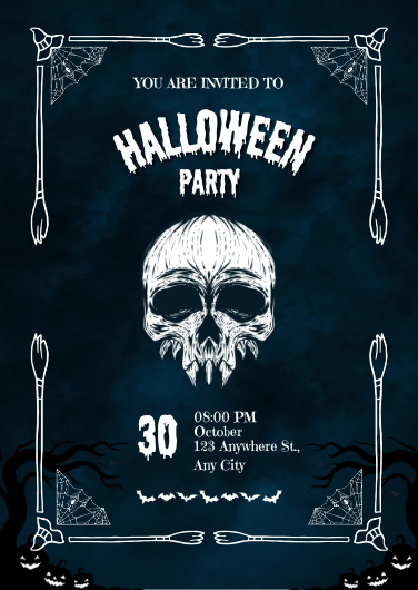 Dark Blue Modern Halloween Party Invitation with Skull Motif
