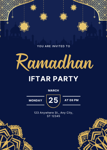 Elegant Blue and Gold Ramadhan Iftar Party Invitation
