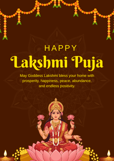 Orange, Gold, and Pink Illustrated Lakshmi Puja Invitation