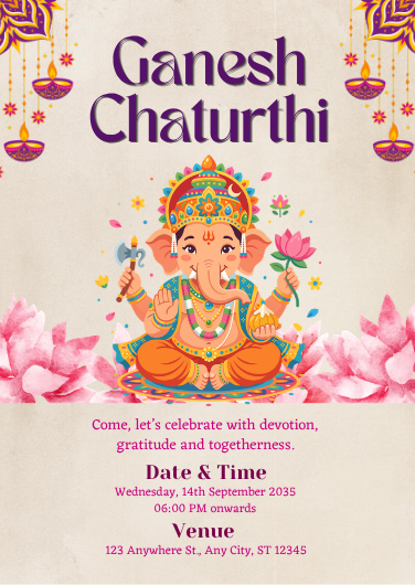 Pink and Gold Traditional Ganesh Chaturthi Festival Invitation