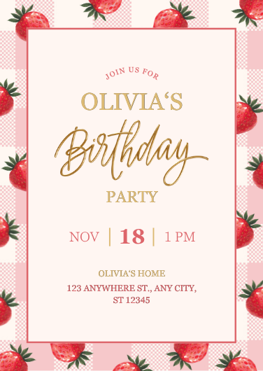 Pink and Gold Watercolor Strawberry Birthday Invite