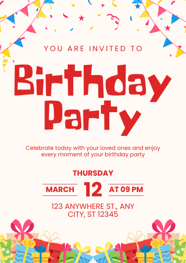 Red, Blue & Yellow Playful Birthday Party Invitation