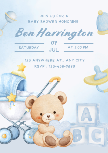 Blue & Beige Teddy Bear Baby Shower Invitation Template