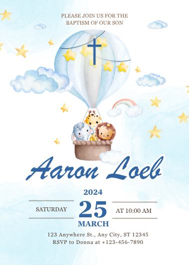 Editable Blue Hot Air Balloon Baby Boy Baptism Invitation