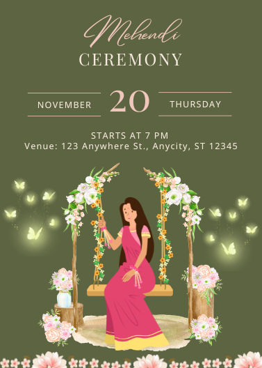 Green Modern Floral Mehendi Ceremony Invitation Template
