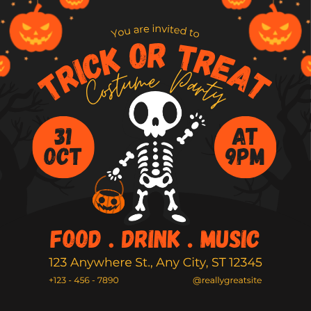 Black and Orange Trick or Treat Costume Party Invitation