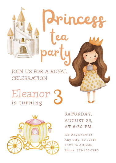 Orange and Brown Princess Tea Party Birthday Invitation