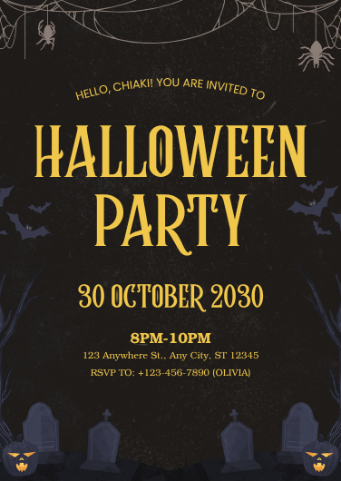 Spooky Black and Gold Halloween Party Invitation