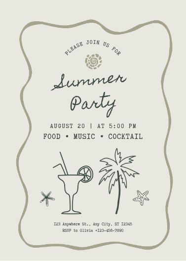 Green and Beige Doodle Summer Party Invitation Template