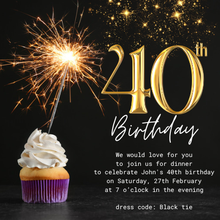 Black and Gold Elegant 40th Birthday Invitation Template