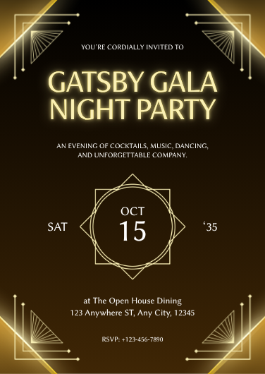 Black and Gold Art Deco Gatsby Gala Party Invitation