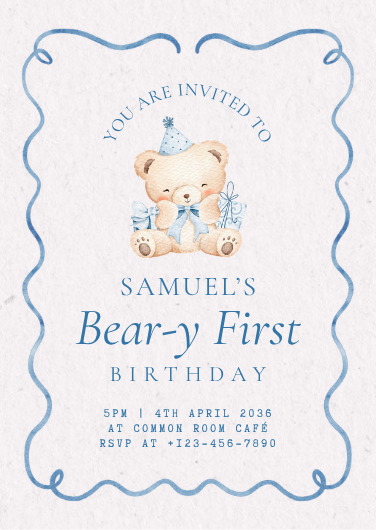 Pastel Blue Watercolor Bear First Birthday Invitation
