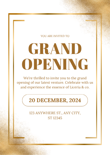 Elegant White and Gold Grand Opening Invitation Template