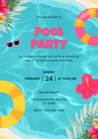 Tropical Blue and Pink Pool Party Invitation