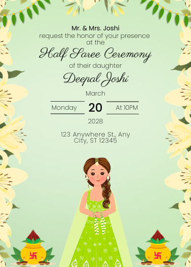 Traditional Green Floral Half Saree Ceremony Invitation