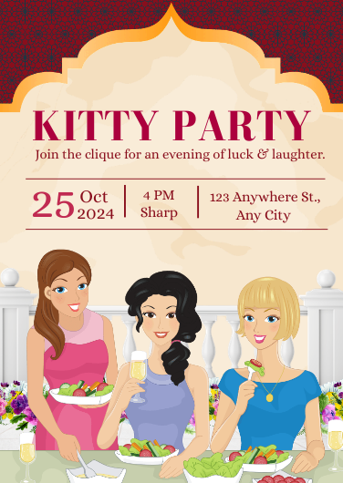 Red and Pink Illustrated Kitty Party Invitation Template