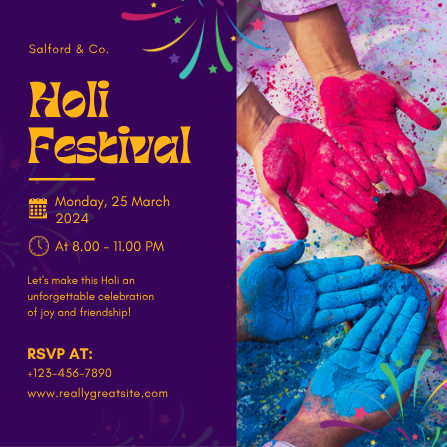 Yellow and Purple Colorful Holi Festival Invitation