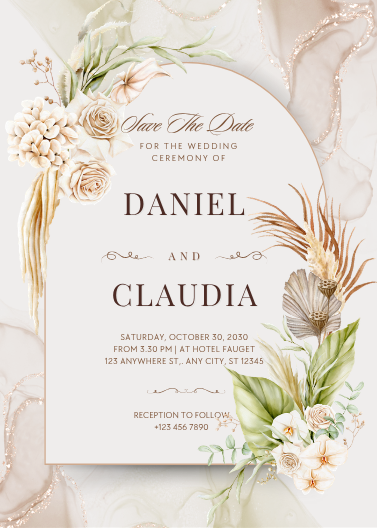 Brown and Cream Watercolor Floral Wedding Invite Template