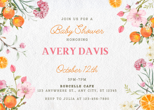 Citrus and Pink Floral Baby Shower Invitation Template