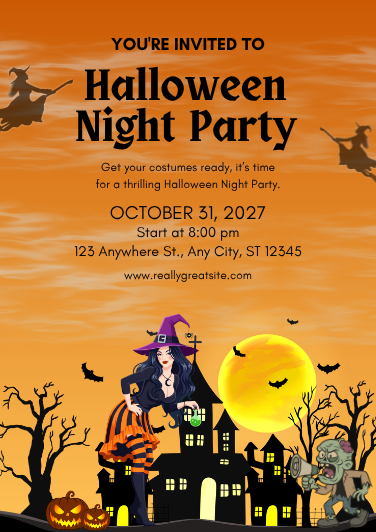Orange & Black Illustrated Halloween Party Invitation