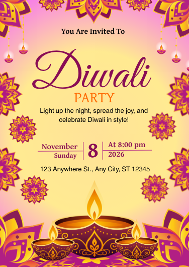 Yellow and Purple Diwali Party Invitation Template