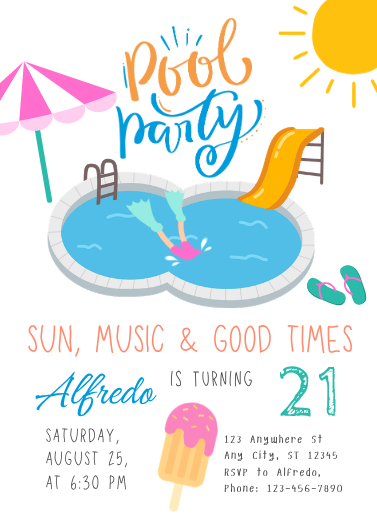 Colorful Illustrated Pool Party Birthday Invitation