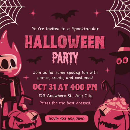 Pink and Black Playful Kids Halloween Party Invitation