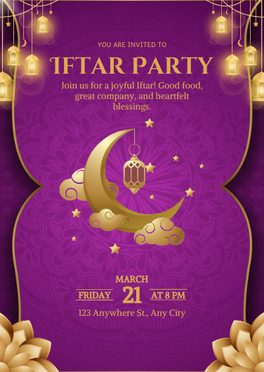 Elegant Purple and Gold Iftar Party Invitation Template