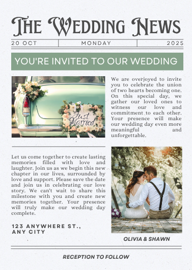 Green and Black Vintage Newspaper Wedding Invitation