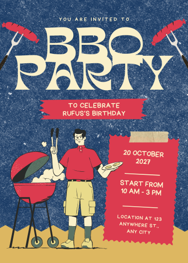 Blue and Red Illustrative BBQ Birthday Party Invitation