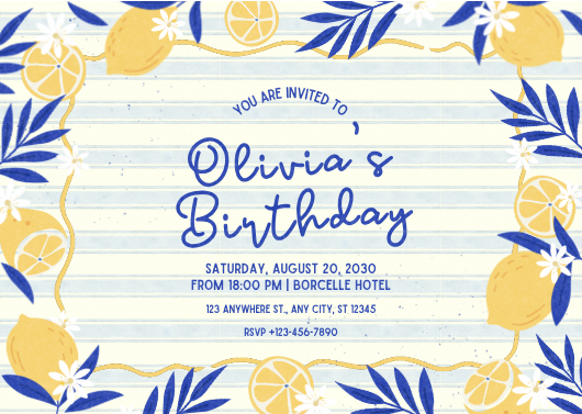 Illustrative Lemon Themed Birthday Party Invitation