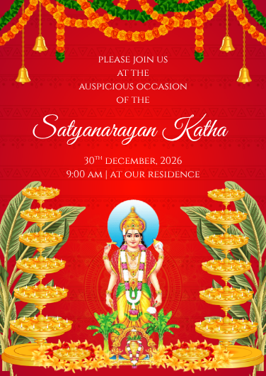 Red and Gold Satyanarayan Ceremony Invitation Design