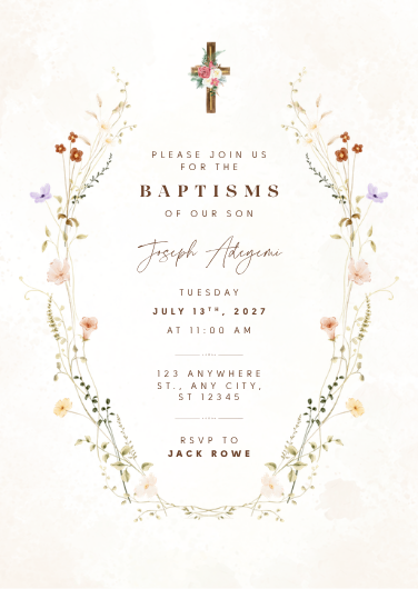Elegant White and Brown Floral Baptism Invitation