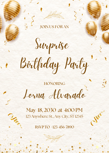 Editable Beige and Golden Surprise Birthday Invitation