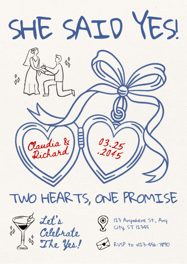 Hand-Drawn Red and Blue Engagement Party Invitation