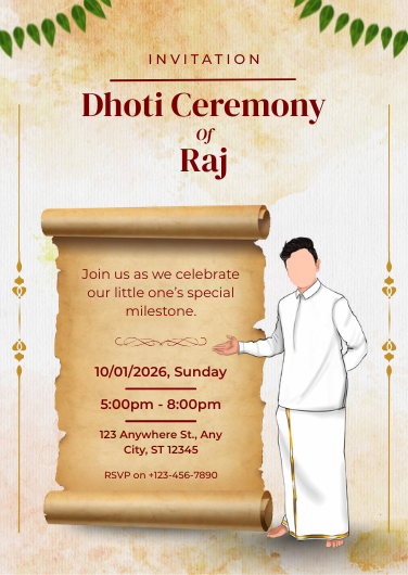 Beige and White Traditional Dhoti Ceremony Invitation