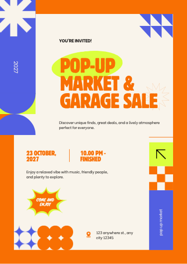 Modern Orange and Blue Pop-Up Market Invitation