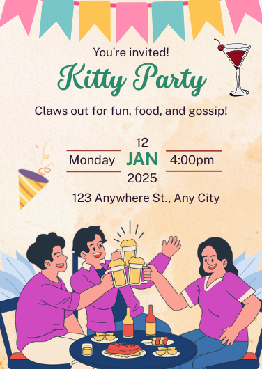 Colorful Illustrated Kitty Party Invitation Template