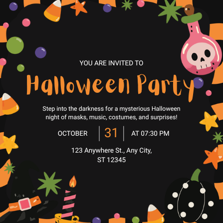 Black, Orange, and Pink Playful Halloween Party Invitation