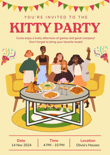 Yellow & Pink Illustrated Kitty Party Invitation Template
