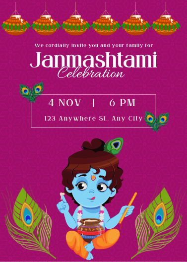 Purple Baby Krishna Janmashtami Invitation Design