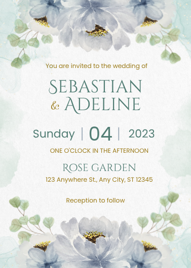 Blue and Green Watercolor Flower Wedding Invitation