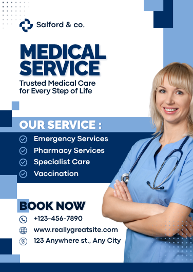 Modern Blue and White Medical Service Flyer Template