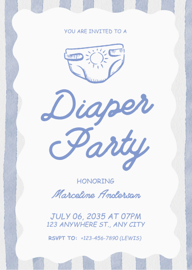 Blue and White Monochrome Diaper Party Invitation Template